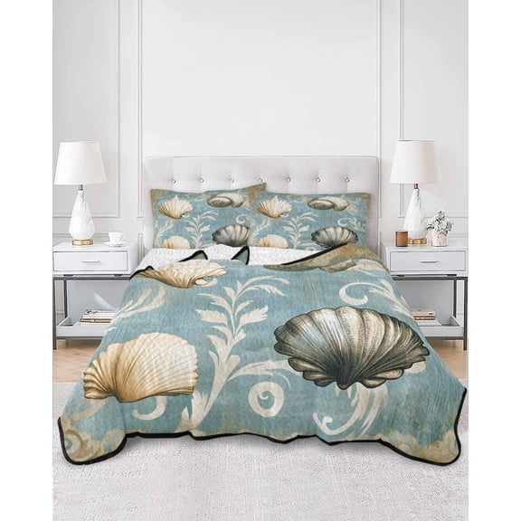 Quilts King Size, Blue Brown Coastal Soft Comforter Bedding Set for Bed, Vintage Ocean Beach Shell Nautical Lightweight Quilted Bedspread with Pillow Cover(2 Pieces) for All Season, 96x106 Inch