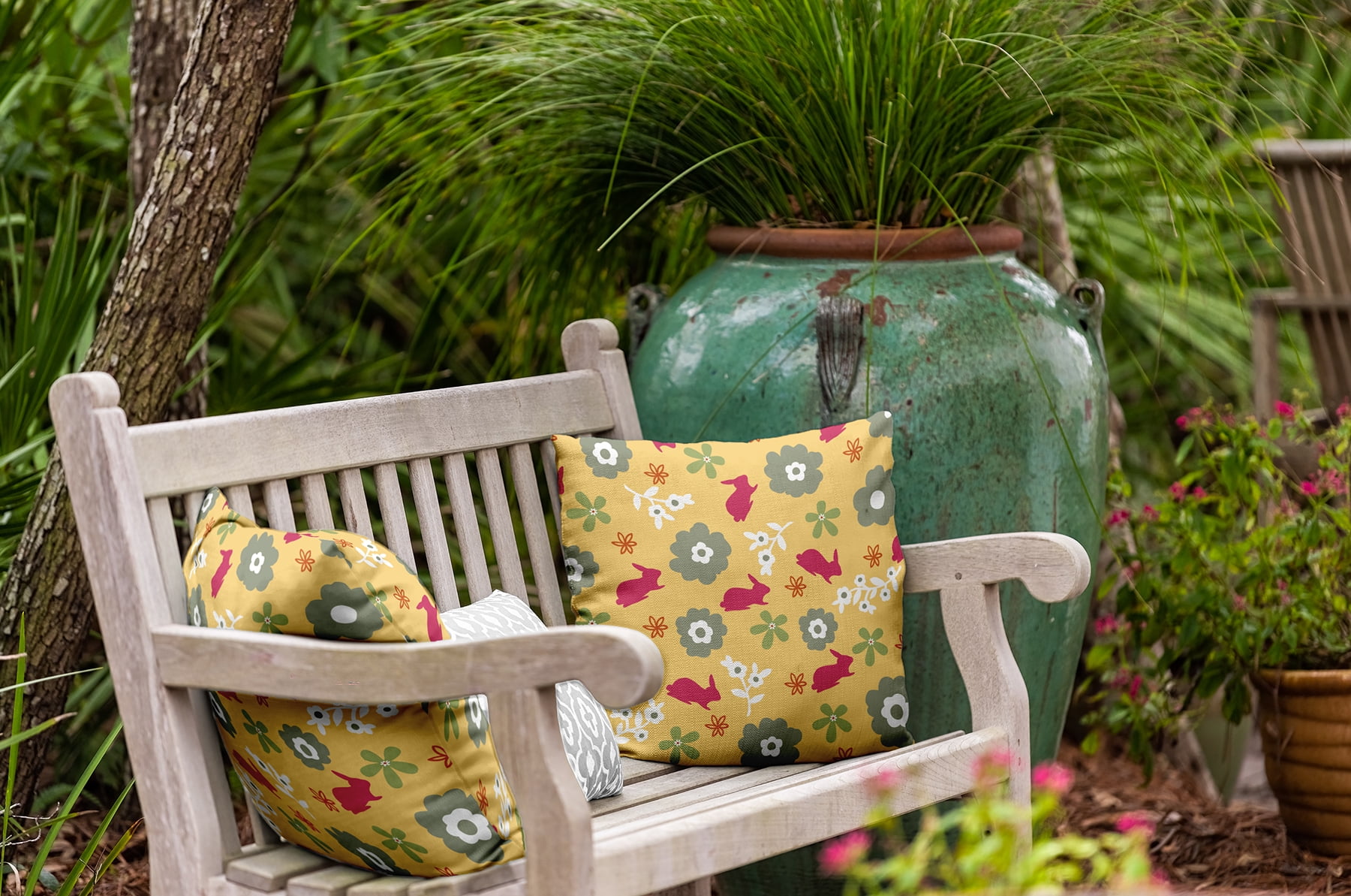 20" x 20" Simply Daisy Flowery Love Bunnies Easter Indoor/Outdoor Pillow, Daffodil Yellow-Pink Qty 1