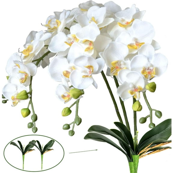 3Artificial Silk Phalaenopsis Flowers with Leaves Artificial Orchid Flowers Stem Plants in Fake Butterfly Phalaenopsis Flowers for Home Wedding Party Décor (White)