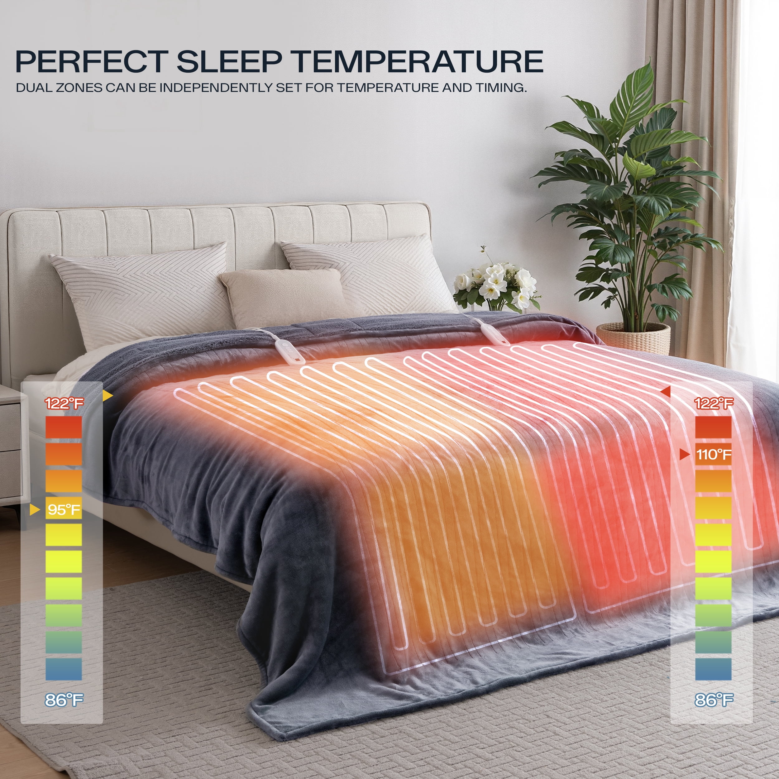 ELEKA King Size Electric Blanket , 90" x 100" Ultra Soft Flannel Heated Blanket,8 Heating Levels, 10 Hours Timer，Double Zone， Gray