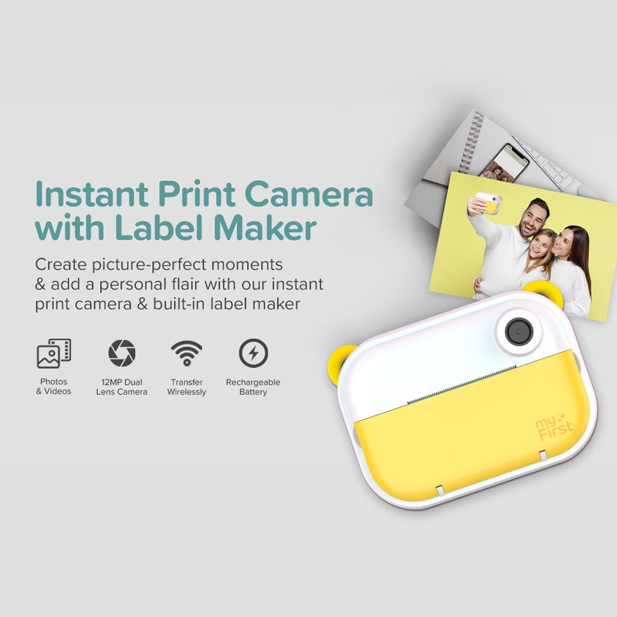 myFirst Camera Insta Wi - Kids Digital Camera Instant Print, Label Maker, Unlimited Printing, 12MP Photos 1080P Video and Selfie Lens, Memory Card, Neck Lanyard, for Kids 3-12 (Yellow)