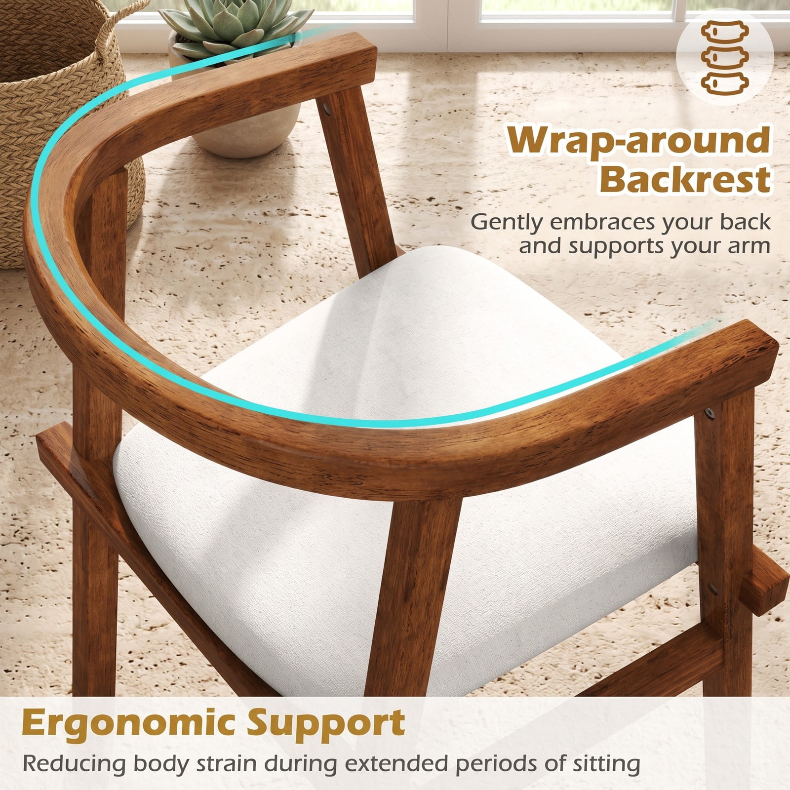 Furnibear Set of 2 Solid Rubber Wood Dining Chairs, Upholstered Wrap-Around Armrest Kitchen Side Chairs with Curved Backrest for Home Dining Room, Walnut & Beige