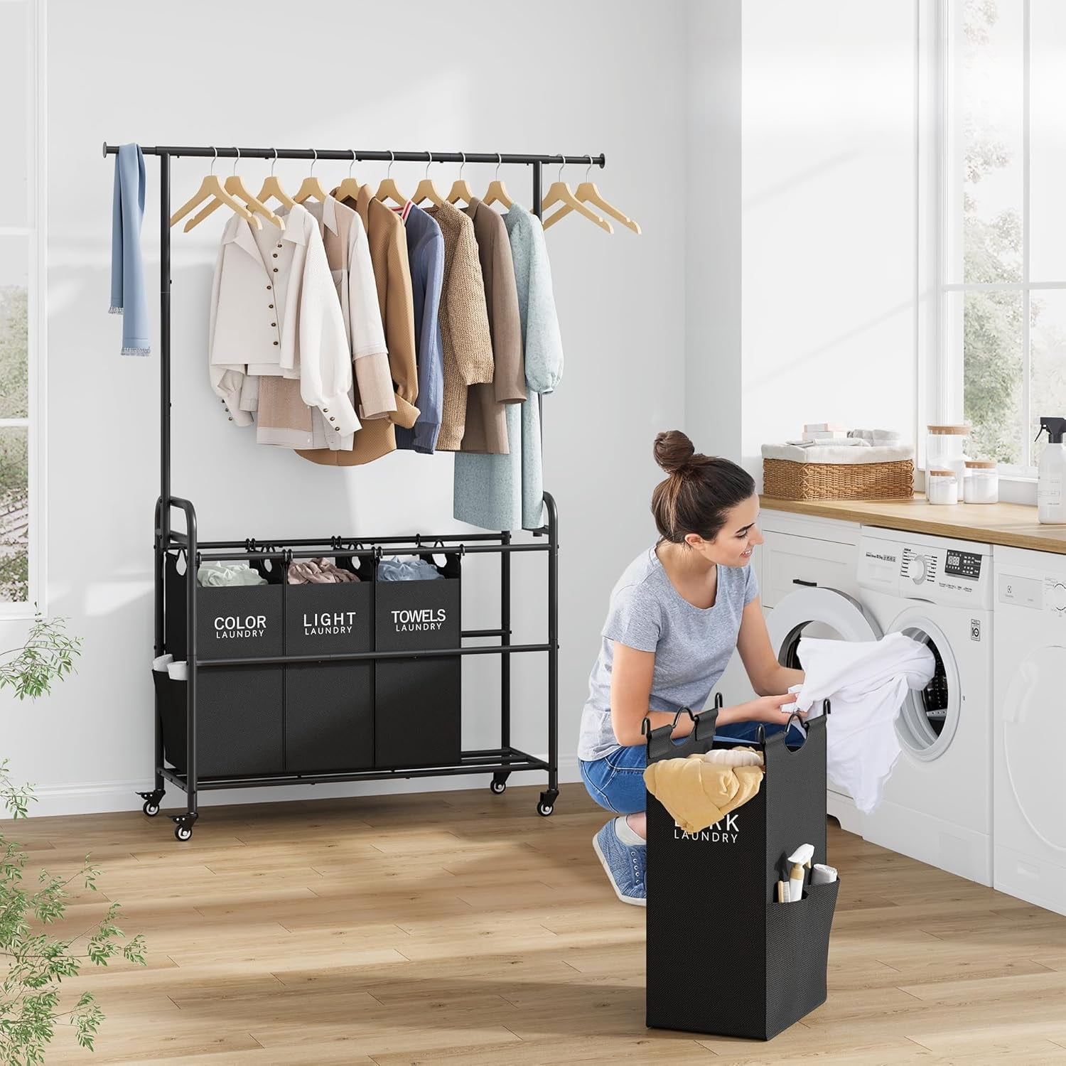Laundry Sorter Cart with Hanging Clothes Rack, 4 Butler Sorter Basket Organizer, Laundry Hamper Cart with Heavy Duty Rolling Lockable Wheels