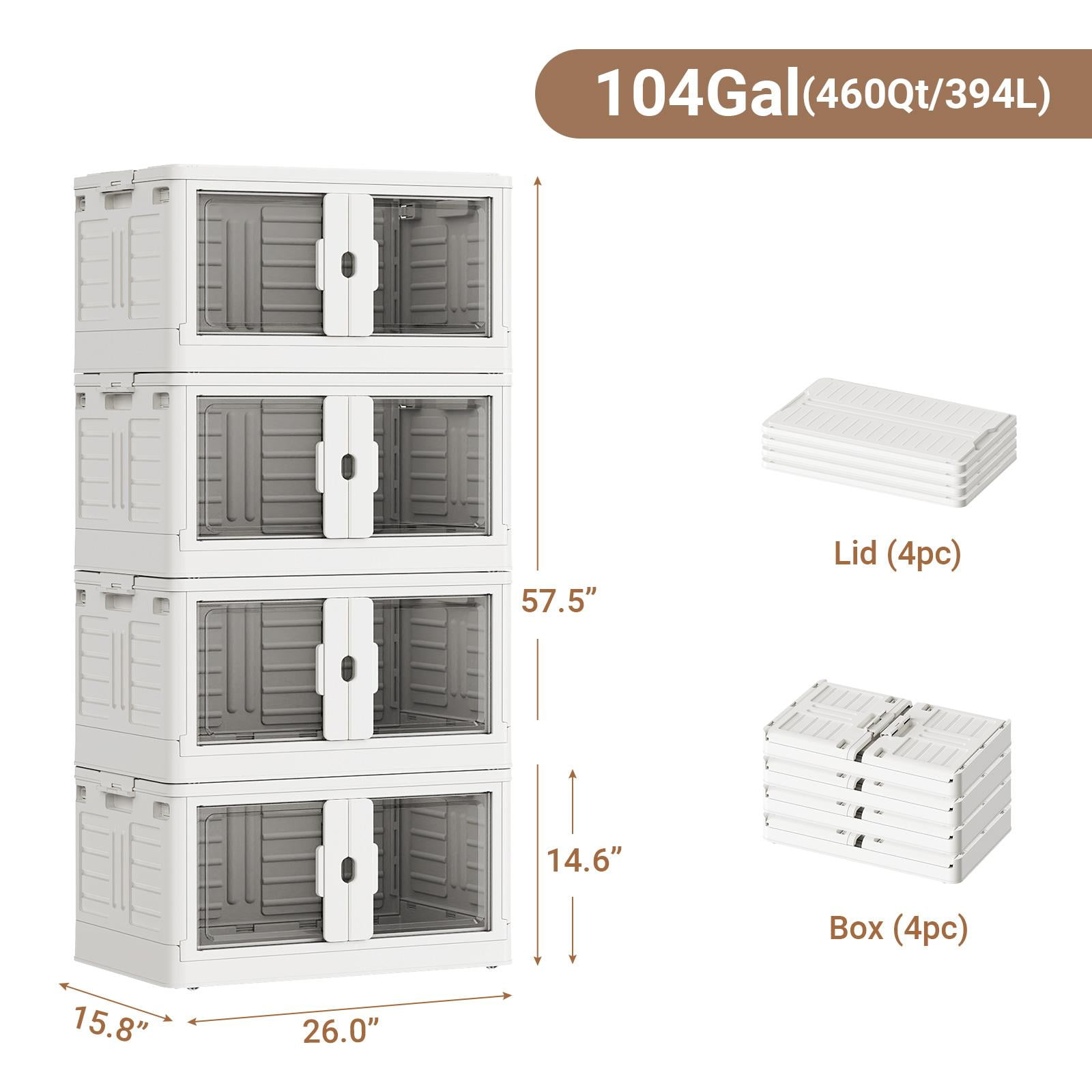 BROVIEW 460 QT Stackable Collapsible Storage Bins with Individual Lids, Wheels & Doors, Large Plastic Latching Boxes Closet Organizers and Storage Cabinet Shelves, for Home, Office, 4-Pack, White