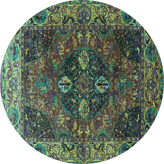Ahgly Company Indoor Round Oriental Turquoise Blue Industrial Area Rugs, 4' Round