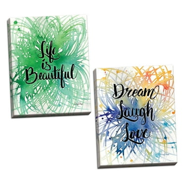 Gango Home Decor Modern Dream Laugh Love & Life is Beautiful by Amy Frazer (Ready to Hang); Two 11x14in Hand-Stretched Canvases