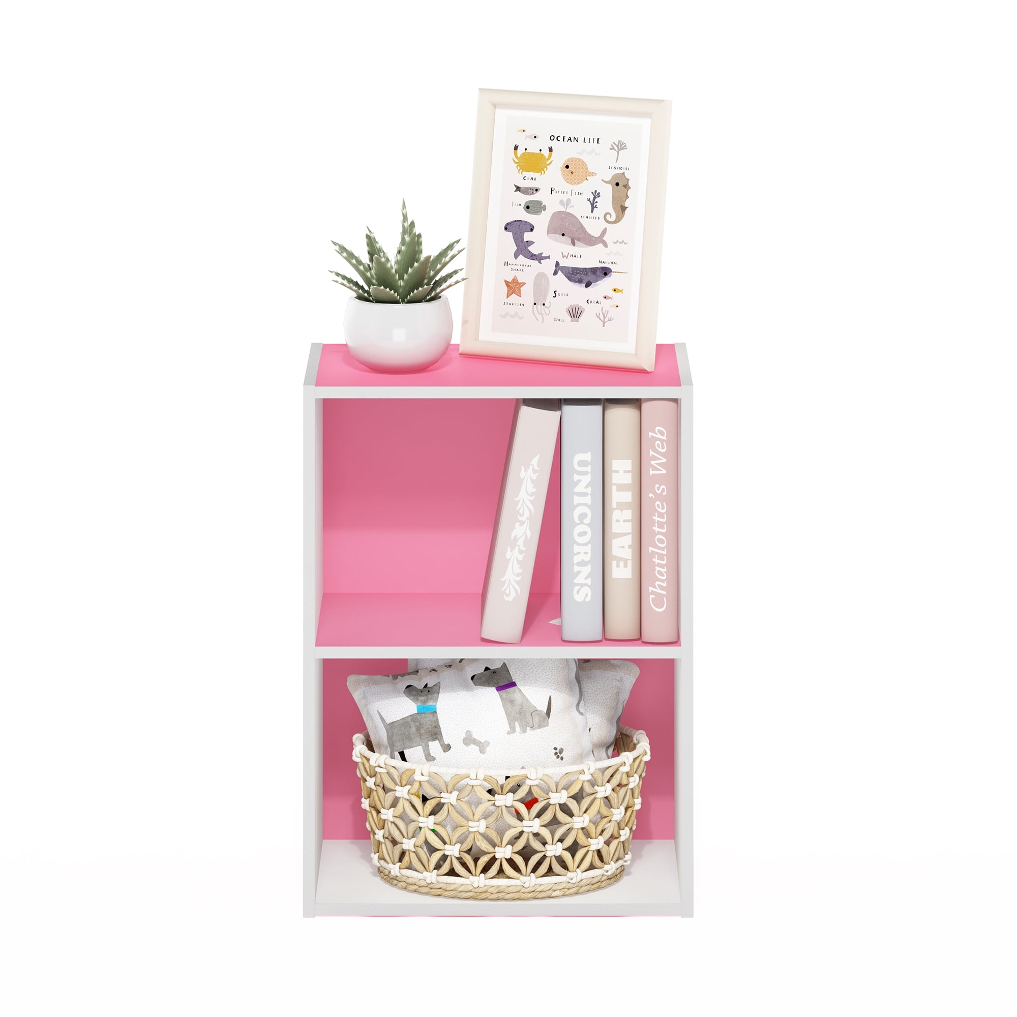 Furinno Luder 2-Tier Open Shelf Bookcase, Pink/White