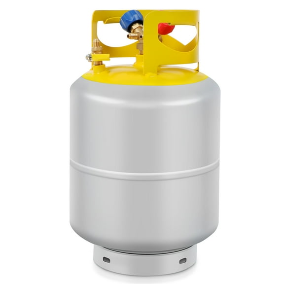 50 LB Capacity Refrigerant Tank With Double Valve Collar Design Reusable Save Valve And Collar Design Reusable 14 Inch SAE Y Valve Gray Yellow