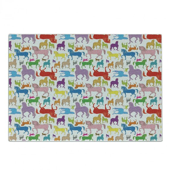 Horses Cutting Board, Colorful Abstract Horse Silhouette Stallion Pattern Hand Drawn Wildlife Illustration, Decorative Tempered Glass Cutting and Serving Board, Small Size, Multicolor, by Ambesonne