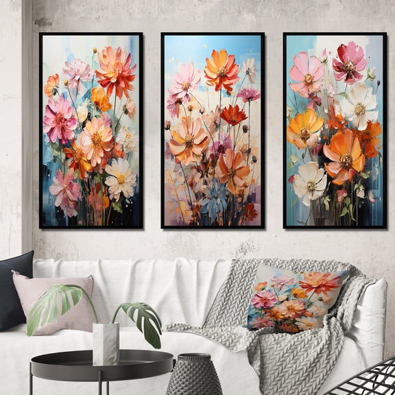 Designart "Collage of Light-Colored Zinnias Flowers III" Floral Framed Wall Art Set Of 3 - Red Zinnias Frame Gallery Set For Office Decor