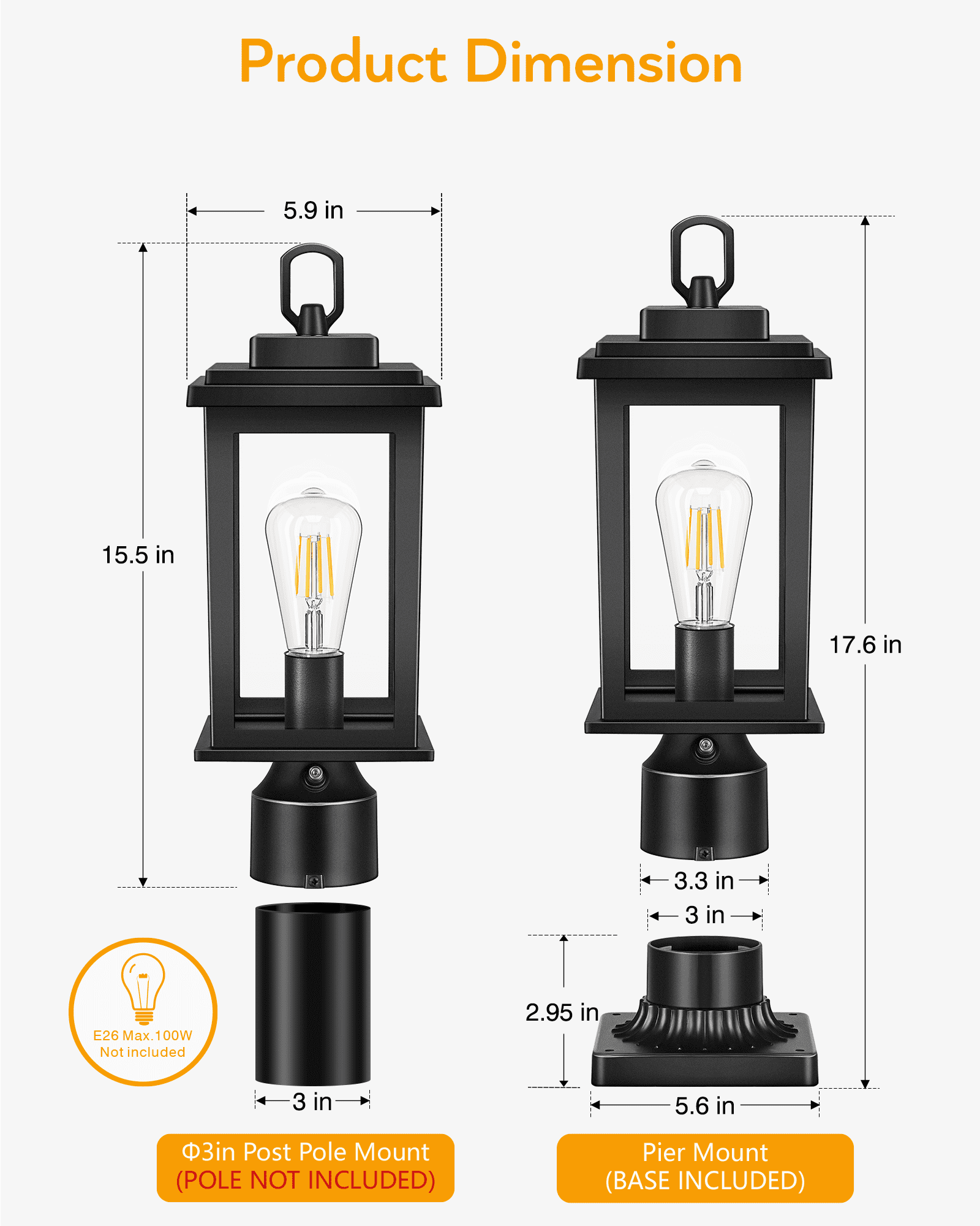 VIANIS Outdoor Post Lights, Black Post Lights Outdoor Dusk to Dawn, Pole Lights Outdoor with Tempered Glass, Outside Post Lights for Driveway, Entryway, Anti-Rust, Aluminum (Hardwired,Non-Solar)