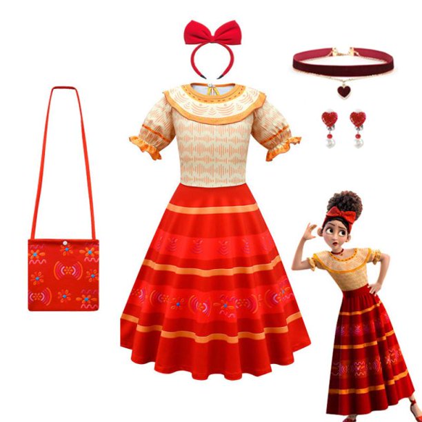 Disney Mirabel Isabela Costume for Girls Princess Dress Suit Cosplay Encanto Carnival Birthday Party Wreath Clothes Bag Charm7-8T (130) Gao Jinjia LED