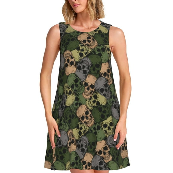 Bixox Camouflage Skulls Print Women's Sleeveless A-Line Dress with Pockets, Casual Knee-Length Tank Dress for Summer-Medium