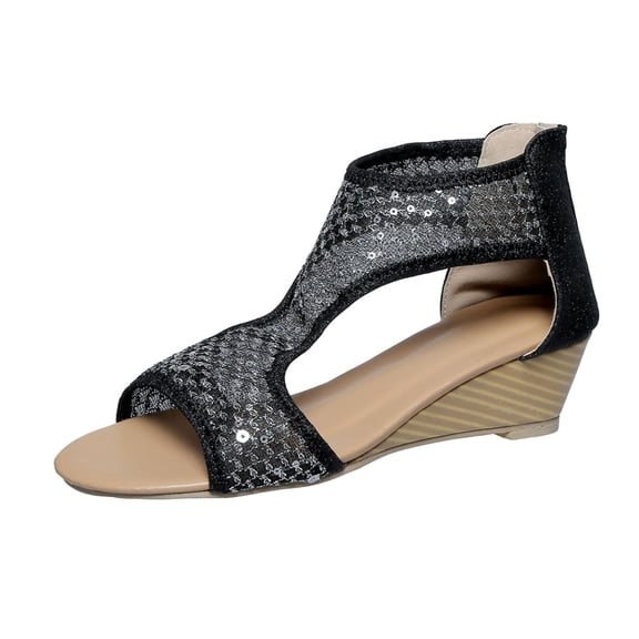 IUJSOY Womens Wedges Sandals Cutout Open Toe Bohemia Mesh Low Heel Summer Dress Shoes with Zipper