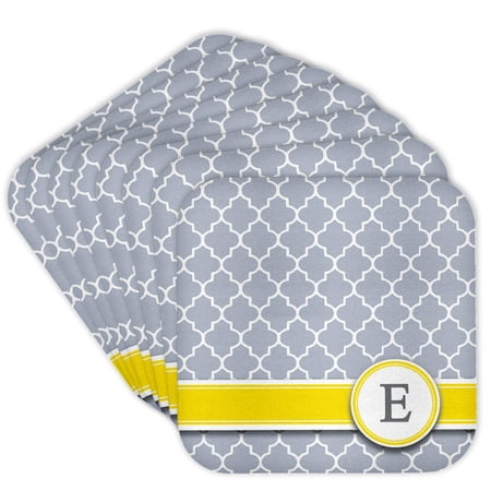 3dRose, Your personal name initial letter E - monogrammed grey quatrefoil pattern - personalized yellow gray, Set of 8 Coasters - Soft