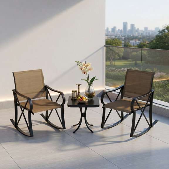 GVN Outdoor Conversation Sets,Patio Furniture Sets,3 Piece Patio Rocking Set with Smooth Rocking Motion Outdoor Rocker Chair Bistro Set -Brown