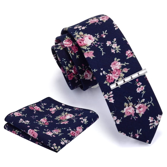 GUSLESON Mens Navy Blue Necktie and Pocket Square Skinny Cotton Tie Sets Slim Floral Ties for Men (0941-10)