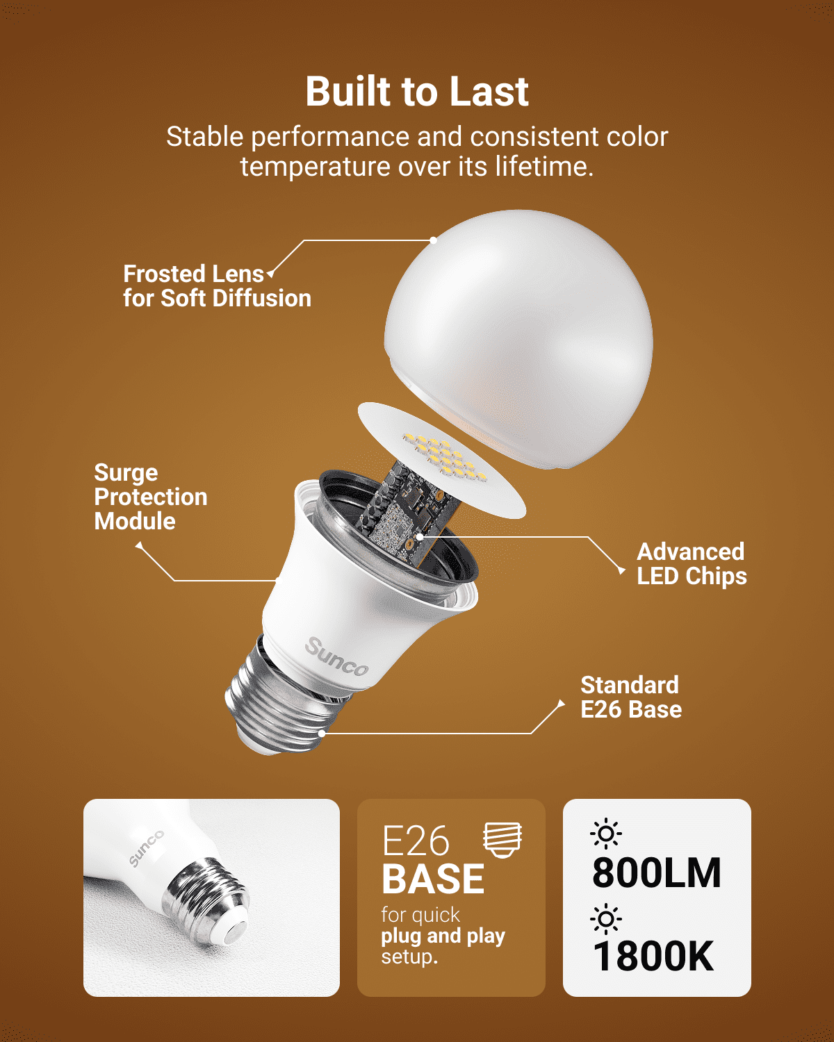 Sunco A19 LED Amber Light Bulb, E26 LED Bulb 60 Watt, Lights for Bedroom, Lamps, Living Room, 9W=60W, 1800K Amber Glow, Dimmable, 800 LM, E26 Medium Base, Instant On, Flicker Free, ETL, 4 Pack