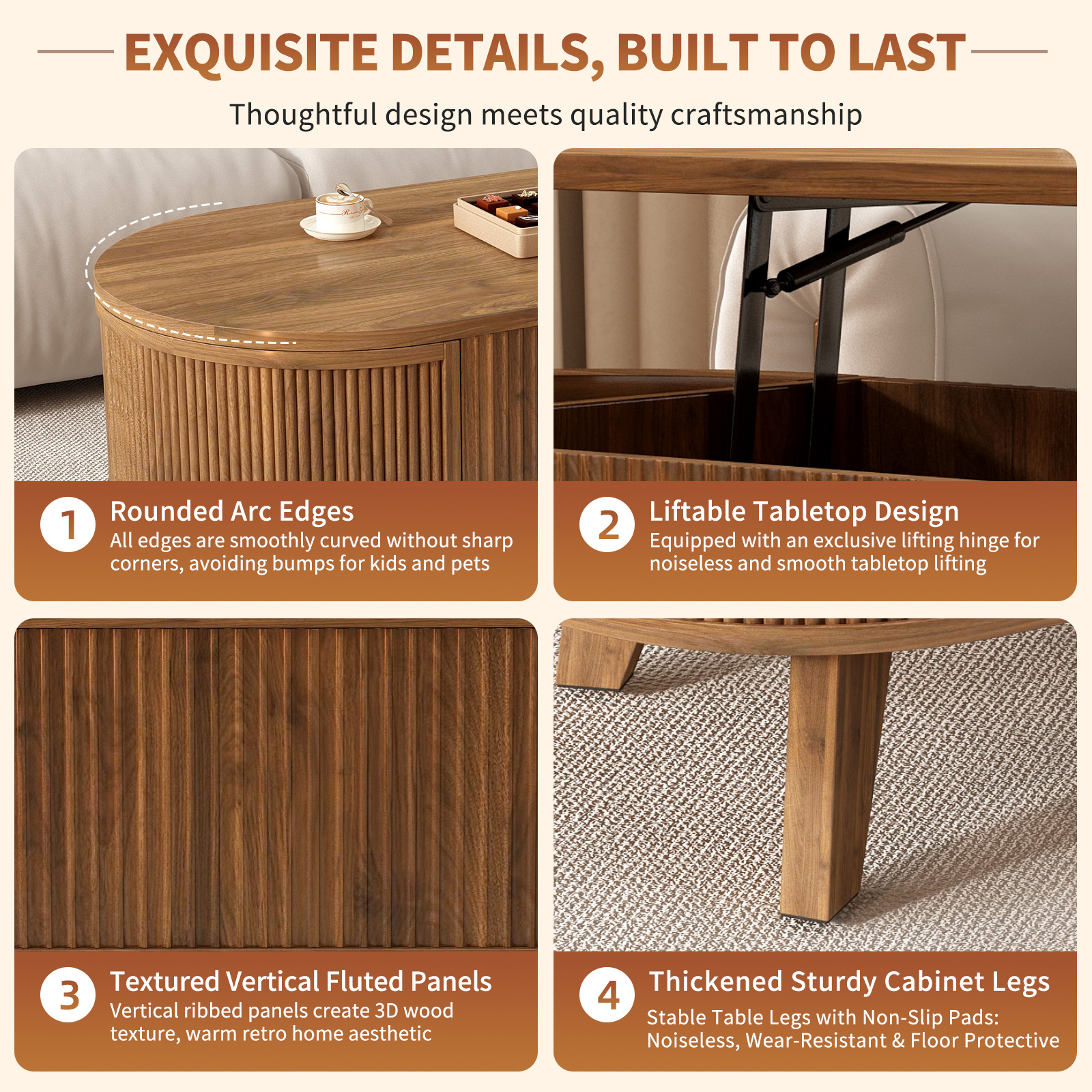 Hommoo Modern Fluted Lift Top Coffee Table with Hidden Storage, Mid-Century Oval Living Room or Home Office Table, Walnut