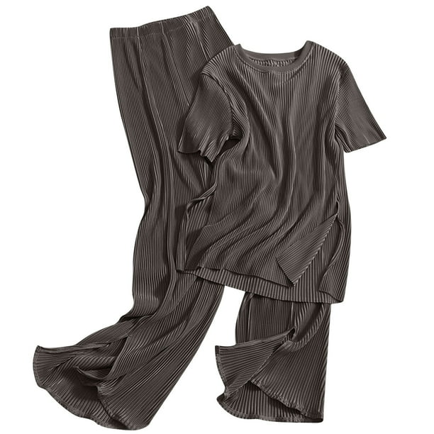 Conjunto de dos piezas de verano para mujer: top con cuello redondo + pantalones de cintura alta con abertura, tejido de punto, estilo informal/relajado, talla única