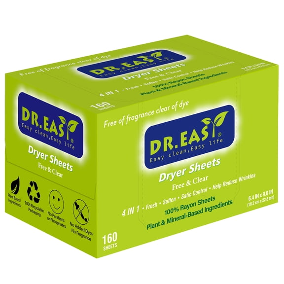 DR.EASY Biodegradable Dryer Sheets Plant Based for Sensitive Skin, Fabric Softener Sheet free & clear,2pack