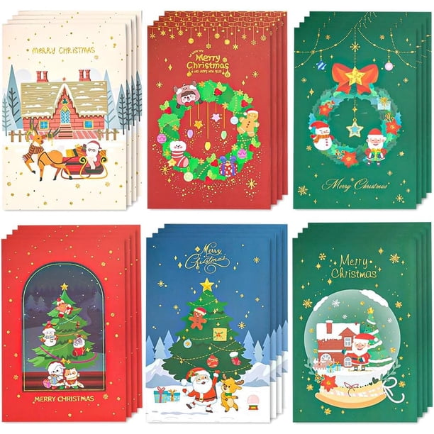 Tarjetas de Navidad 24PCS, Felicitación de Navidad con Estampado Dorado de 6 Diseños Diferentes con Sobres, Tarjeta de Bendición de Deseos para las Fiestas