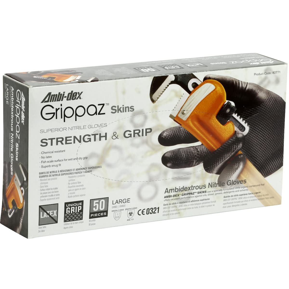 Grippaz Skins, Disposable Gloves, 6 mil Palm, Nitrile, Powder-Free, M ( 8 ), 50 PK, Black