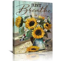 Farmhouse Butterfly Flower Decor Wall Art Vintage Rustic Country Butterfly Just Breathe Pictures Wall Decor Canvas Painting Prints Artwork Home Decorations Framed for Bathroom Bedroom 16x12in