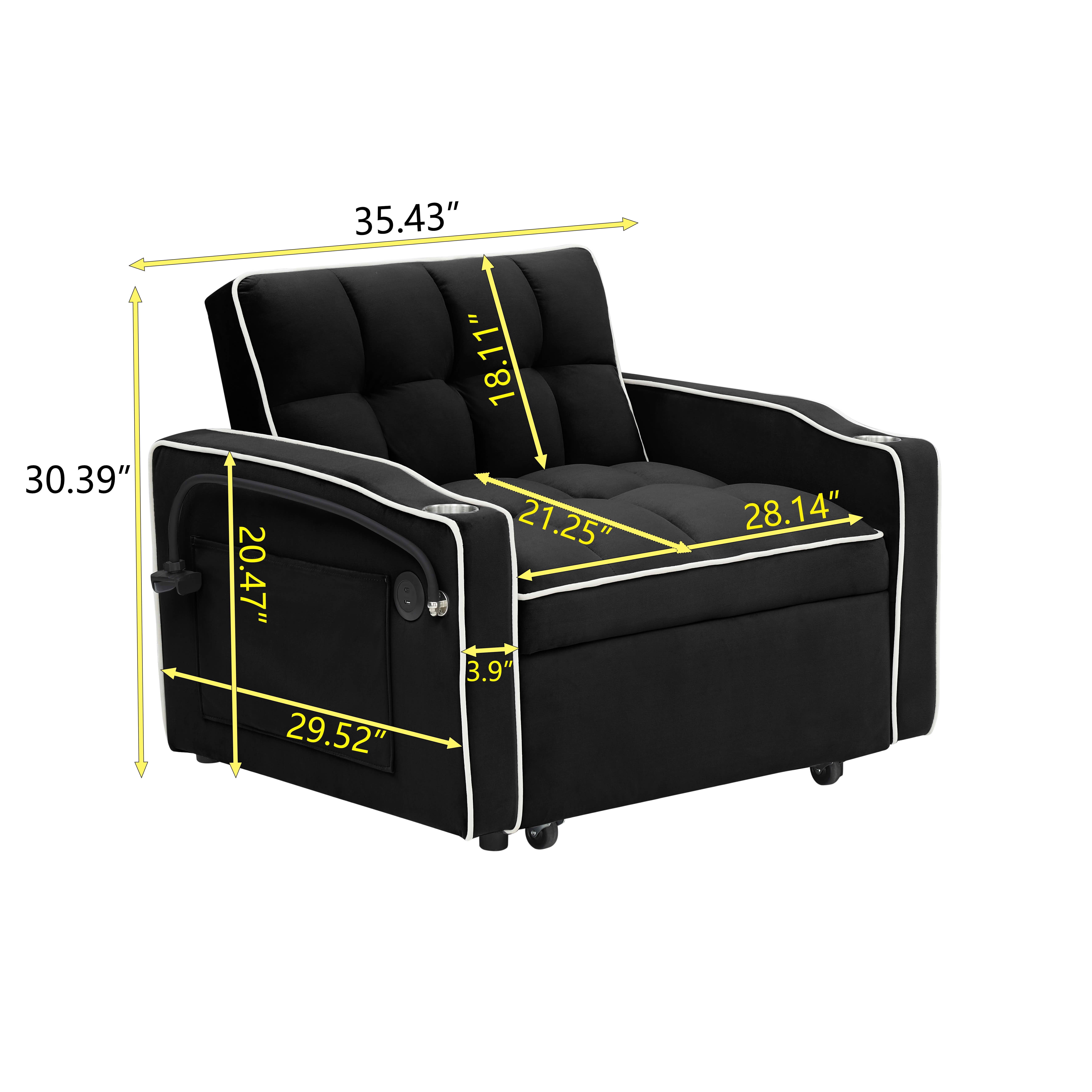 MAYEERTY Black Velvet Foldable Single Sofa Bed, Adjustable Back Pull-Out Couch with USB Port, Ashtray & Swivel Phone Stand Eucalyptus Wood Frame