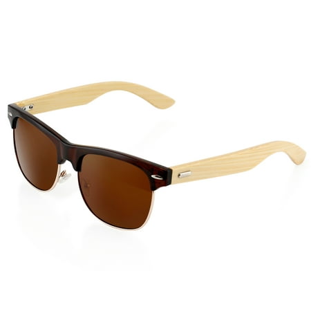 Premium Fashion Stylish Half Frame Classic Retro Horn Rimmed Vintage Wood Wooden Bamboo Sunglasses Black Frame with Gold Lens