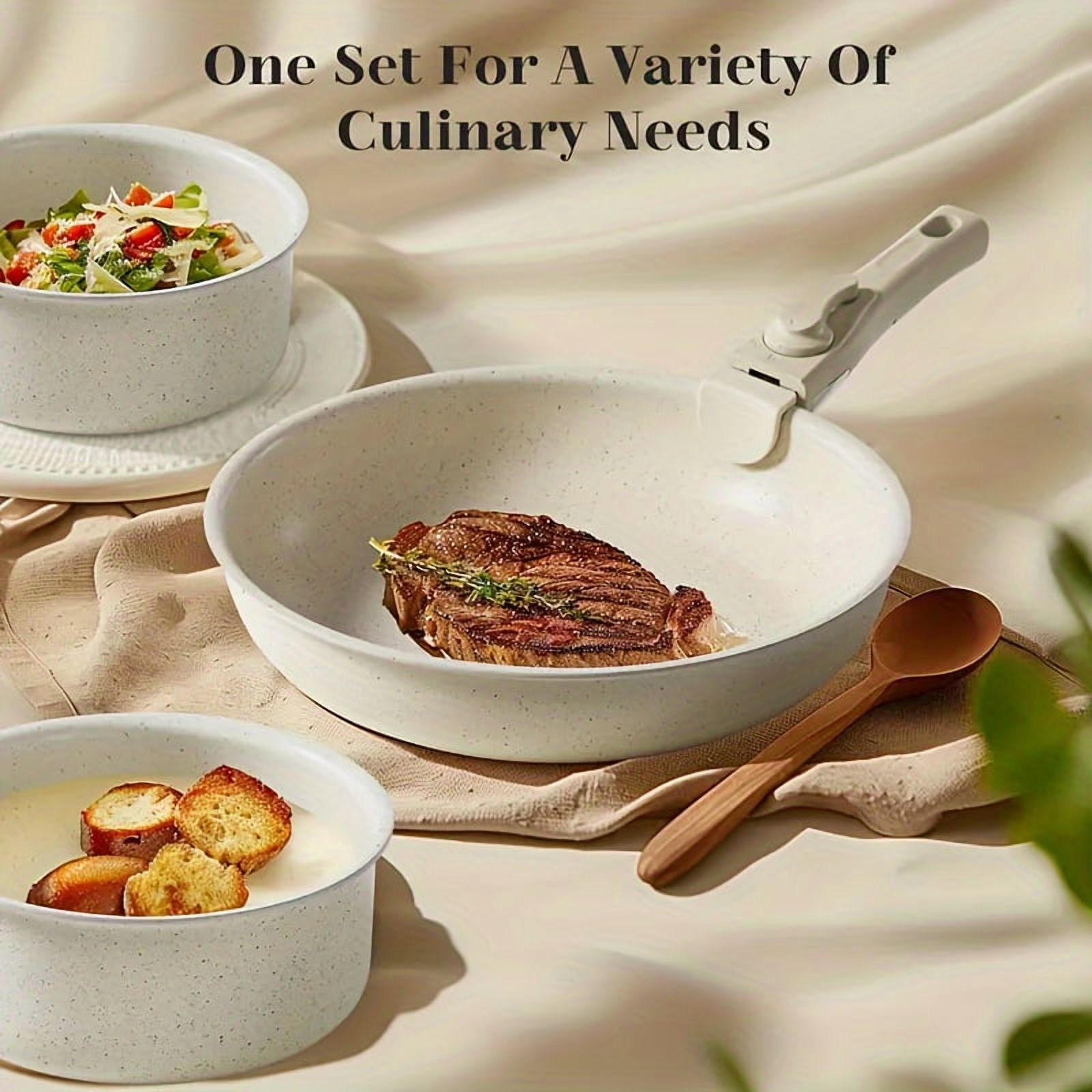 12 Pcs Pots and Pans Set, White Granite NonstickCookware Sets Detachable Handle, StackableInduction Kitchen Cooking Set, Stain & Scratch-resistant
