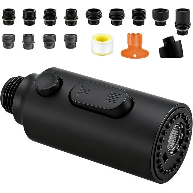 Biwat All Metal Kitchen Sink Sprayer Replacement, 3 Modes Stainless Steel Pull Down Sink Faucet Head, High Pressure Faucet Sprayer Attachment with 14 Adapters Fits Most Common Brands (Black)