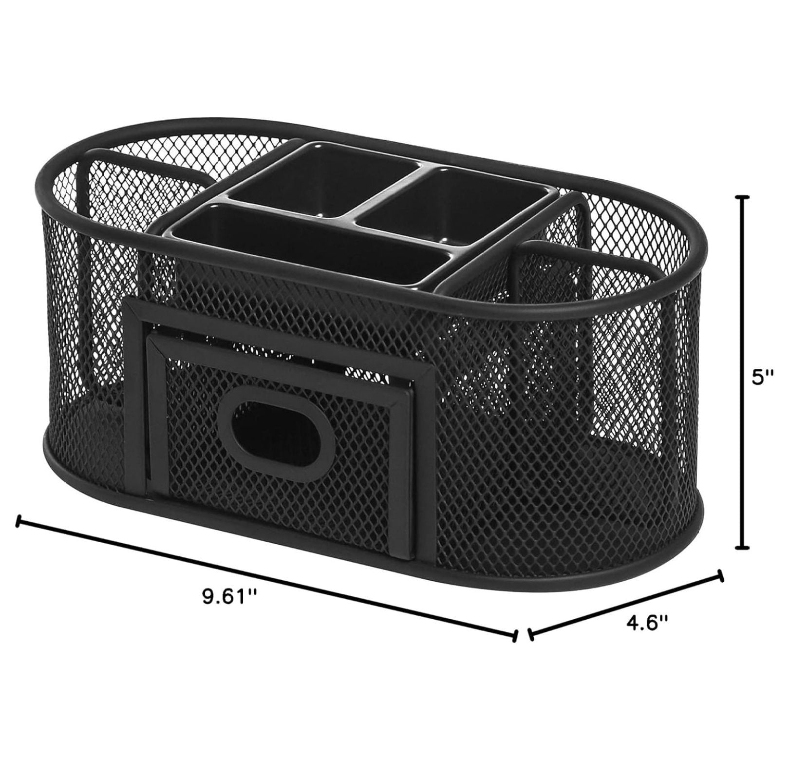 Mesh Desktop Organizer - Steel Office Supplies Holder with Drawer, Pen Compartments, Paperclip Storage - Black Stationary Caddy for Desk Accessories