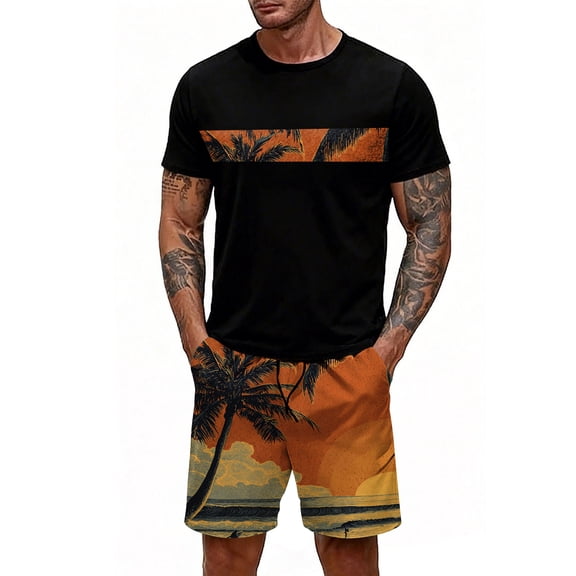 GrmtClth Men's Hawaii 2 Piece Outfits Beach Crew Neck Tee and Shorts Set Breathable Short Sleeve Outfits Trendy Elastic Drawstring Clothes Saffron 5XL