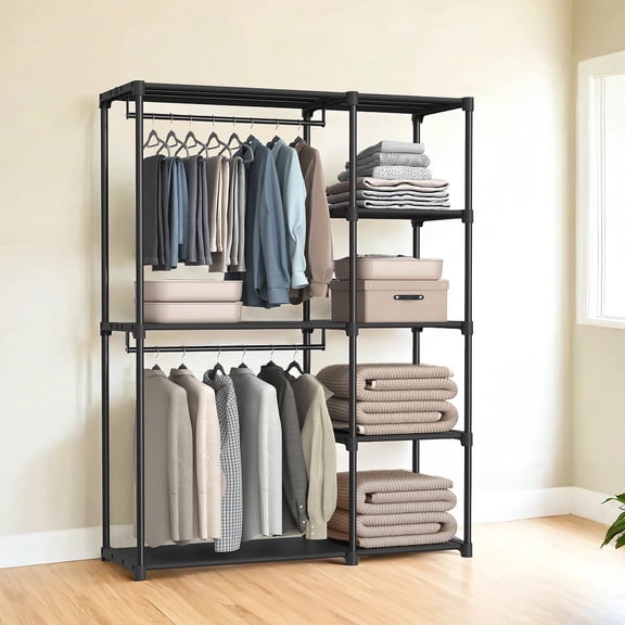 LEDREM reestanding Closet Organizer with 2 Hanging Rods & Shelves , Portable Wardrobe Rack for Bedroom Cloakroom Entryway , Tool-Free Assembly , Black