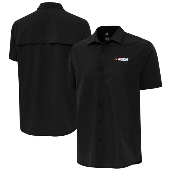 Men's Antigua Black NASCAR 1976-2017 Logo Activate Woven Button-Up Shirt