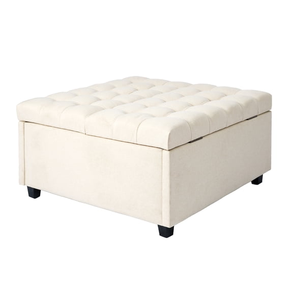 31.29" Square Beige Tufted Linen Storage Ottoman, Upholstered Coffee Table Bench with Solid Wood Legs & Hidden Storage for Living Room, Entryway & Bedroom