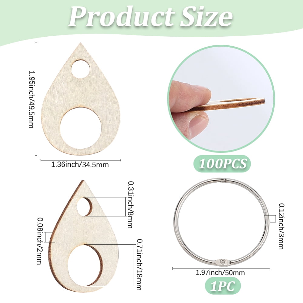 100Pcs MDF Board Bobbins Teardrop 1PC Iron Loose Leaf Book Binder Hinged Rings Teardrop 49.5x34.5x2mm DIY