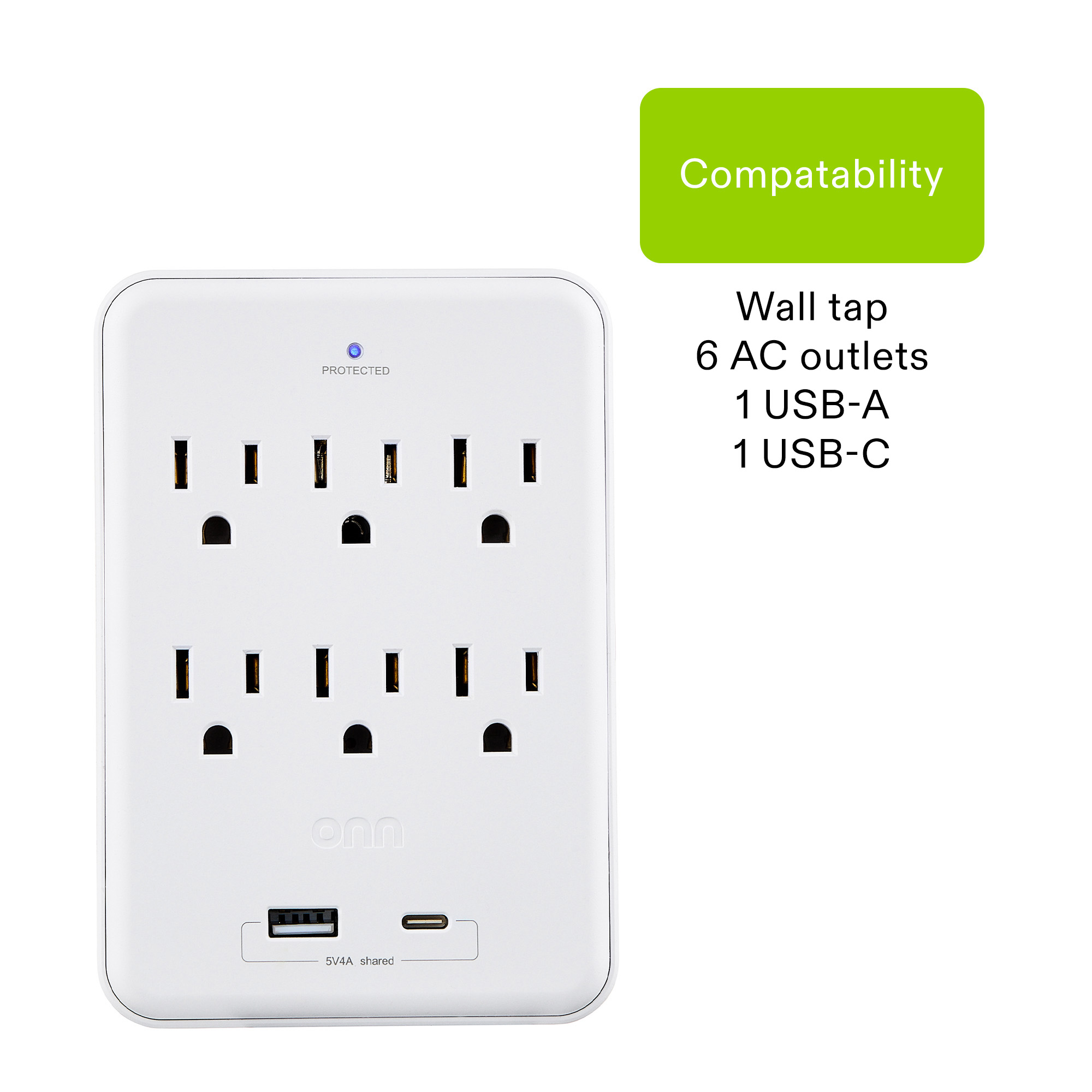 onn Surge Protector Wall Tap with 6 AC Outlets and USB Ports photo 3