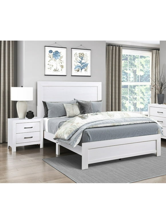 Contemporary Cal King Bed and Two Nightstands Set 3pc Bedroom Furniture Modern White Set