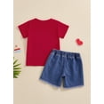 thumbnail image 4 of Suealasg Kids Boys 4th of July Outfit Summer Short Sleeve Letter Print T-Shirt +Elastic Waist Ripped Denim Shorts Toddler Boy Independence Day 2Pcs Clothes Set, 4 of 8