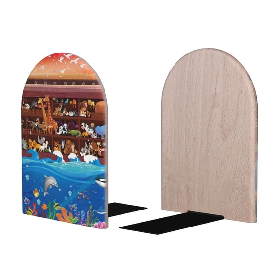 Picia Animals On Noah's Ark2 Pattern Wood Bookends for Shelves,Non-slip Bookends, Heavy Duty Wooden Bookend Support,1 Pair
