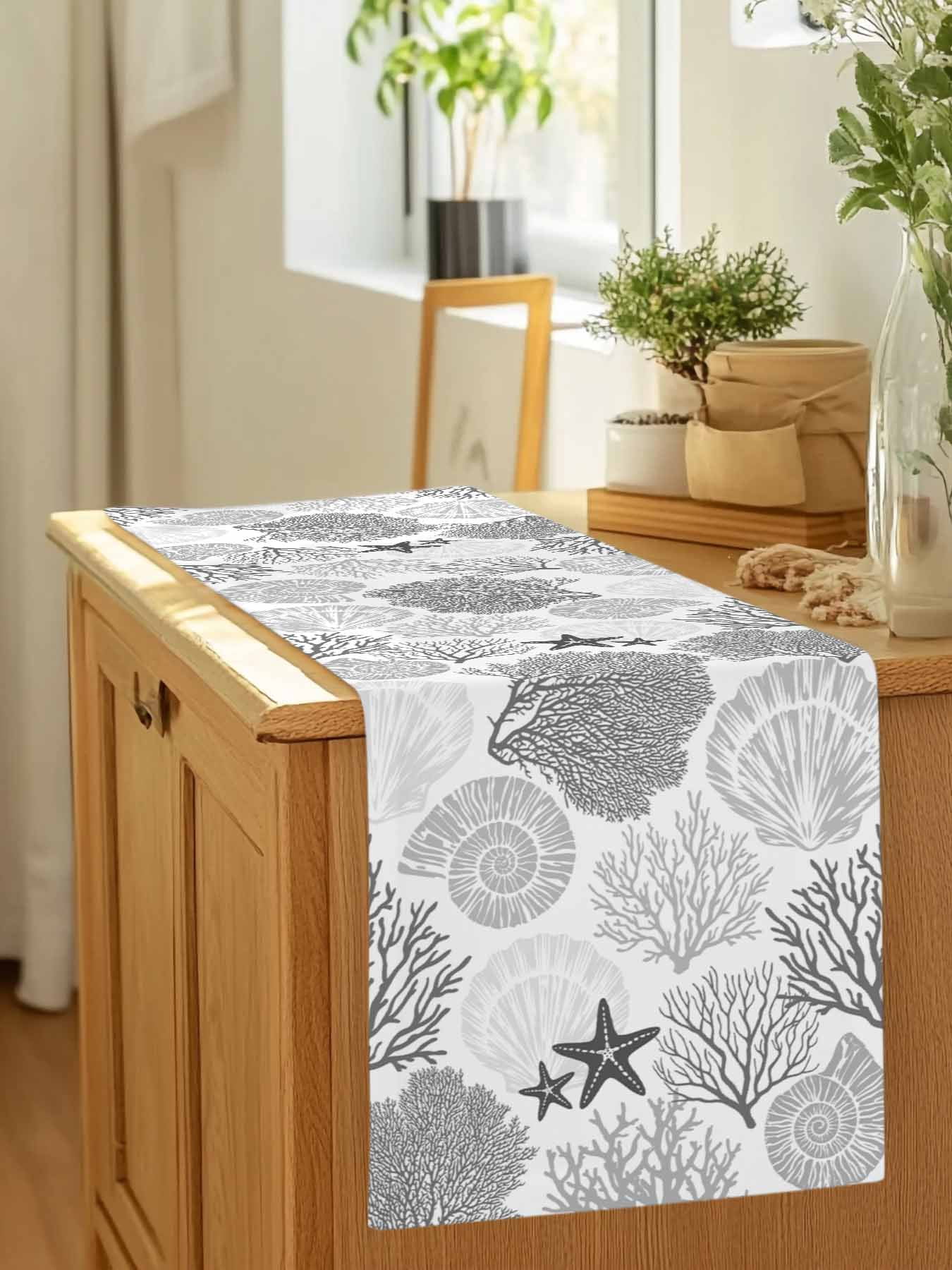 Classic Sea Grey Coral Table Runner 90 Inches Long, Abstract Marine Life Scenery Table Runners Tabletop Scarf Kitchen Dining Tables Decoration for Home Party Indoor Outdoor
