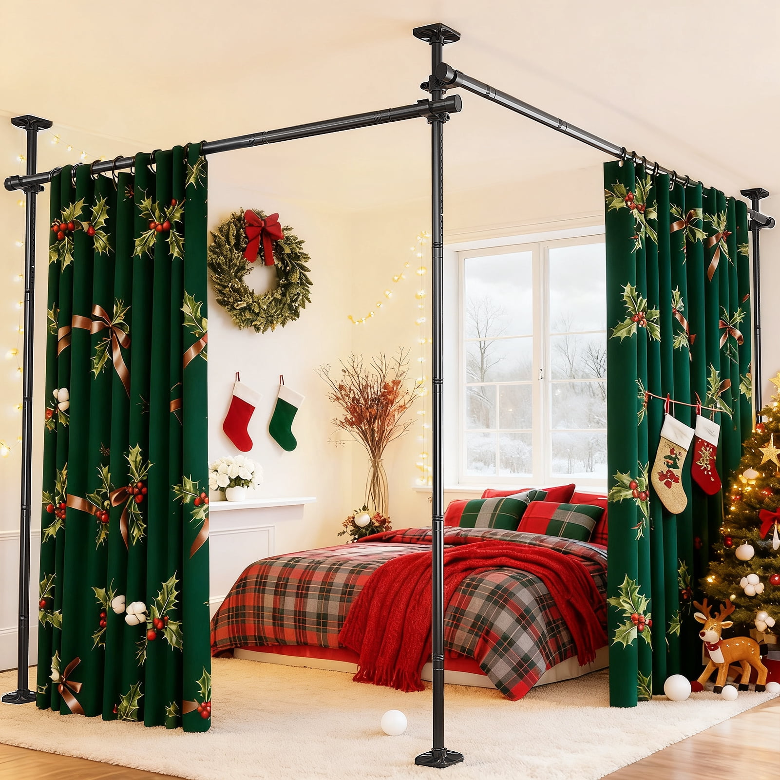 Yeabett Room Divider No Drilling Curtain Rods for Windows,4-10ft(H) 28-114inch(W) Adjustable Temporary Privacy Wall Divider,Tension Curtain Rods No Drilling,Black