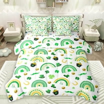 Manfei St.Patrick Day 7-Piece Twin Bedding Sets,Four Leaf Clover Bedding Comforter Set,Green Rainbow Striped Sheet Sets For Girl Boys,Super Cozy Room Decor Reversible