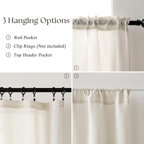 Light Filtering Semi Sheer Linen Curtain Panels for Small Windows, 36x24 Inch Natural Cafe Curtains with Dual Rod Pocket for Kitchen Basement Front Door, 2 Panels Boho Tier Style