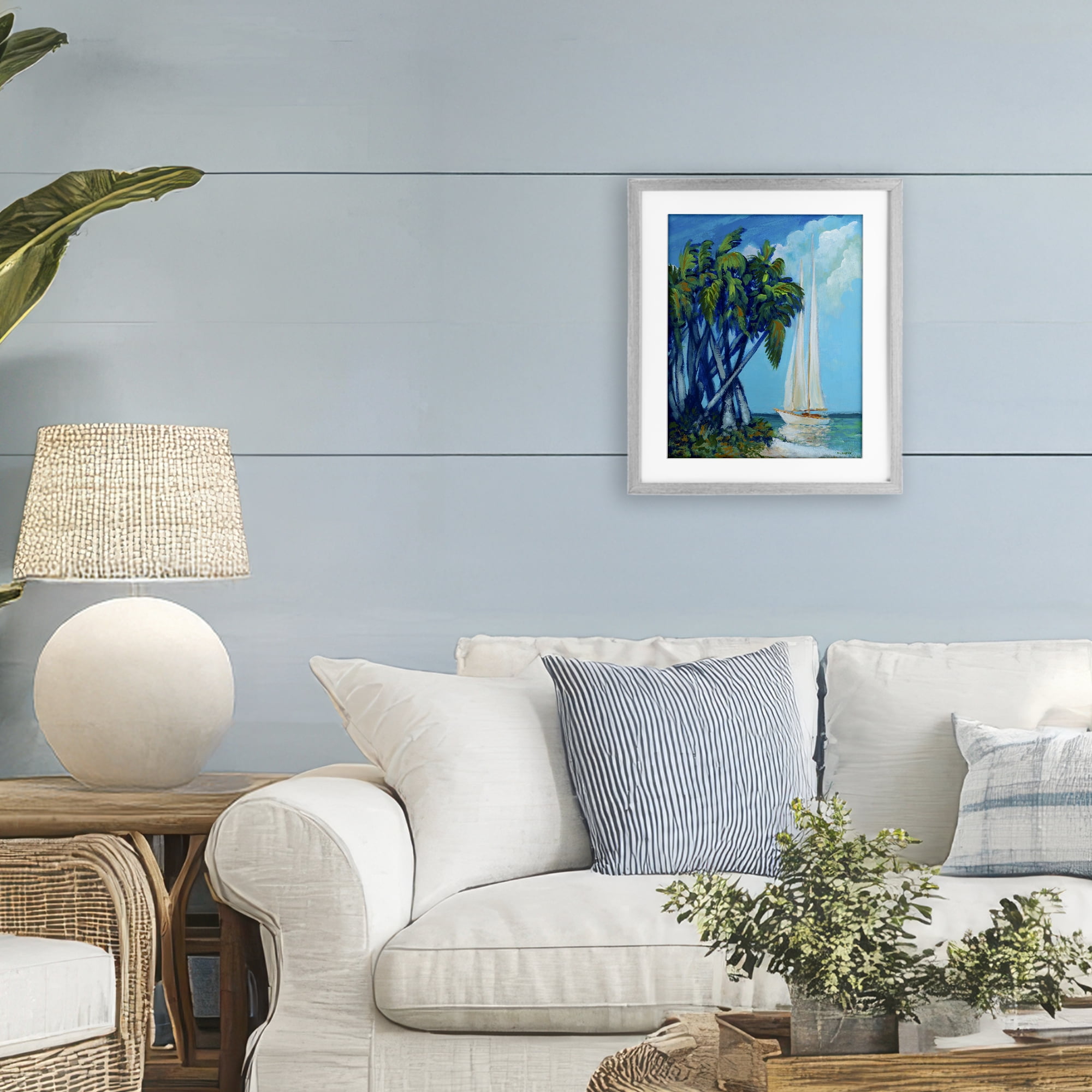 Stupell Industries Sailboat & Twisted Palms Gray Framed Print Under Glass, design by Dan Meneely