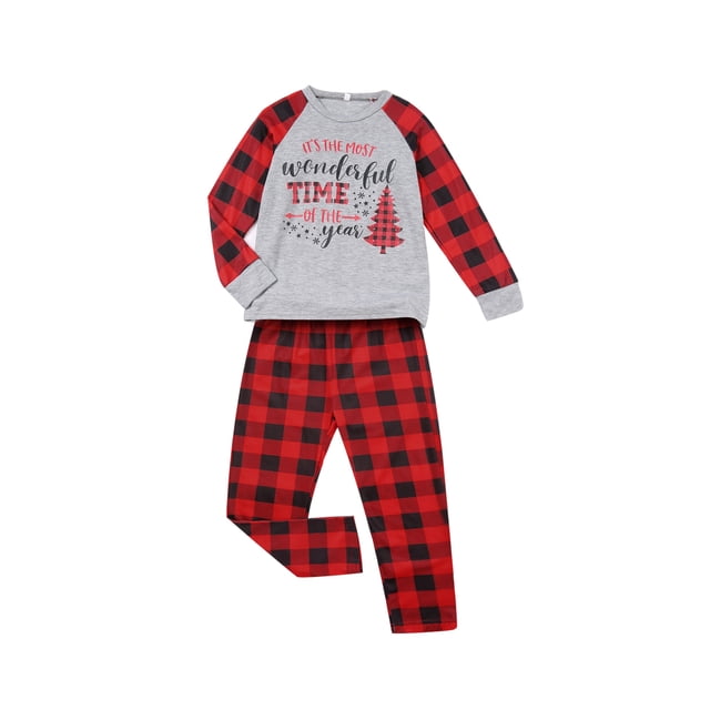Honganda Parent-Child Xmas Nightclothes Letters Print Tops Red Plaid Trousers