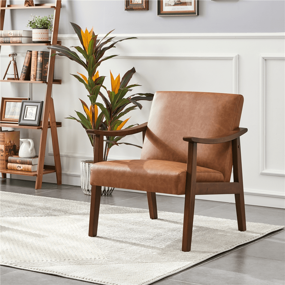 Renwick Mid-Century Modern Faux Leather Accent Chair, Set of 2, Brown