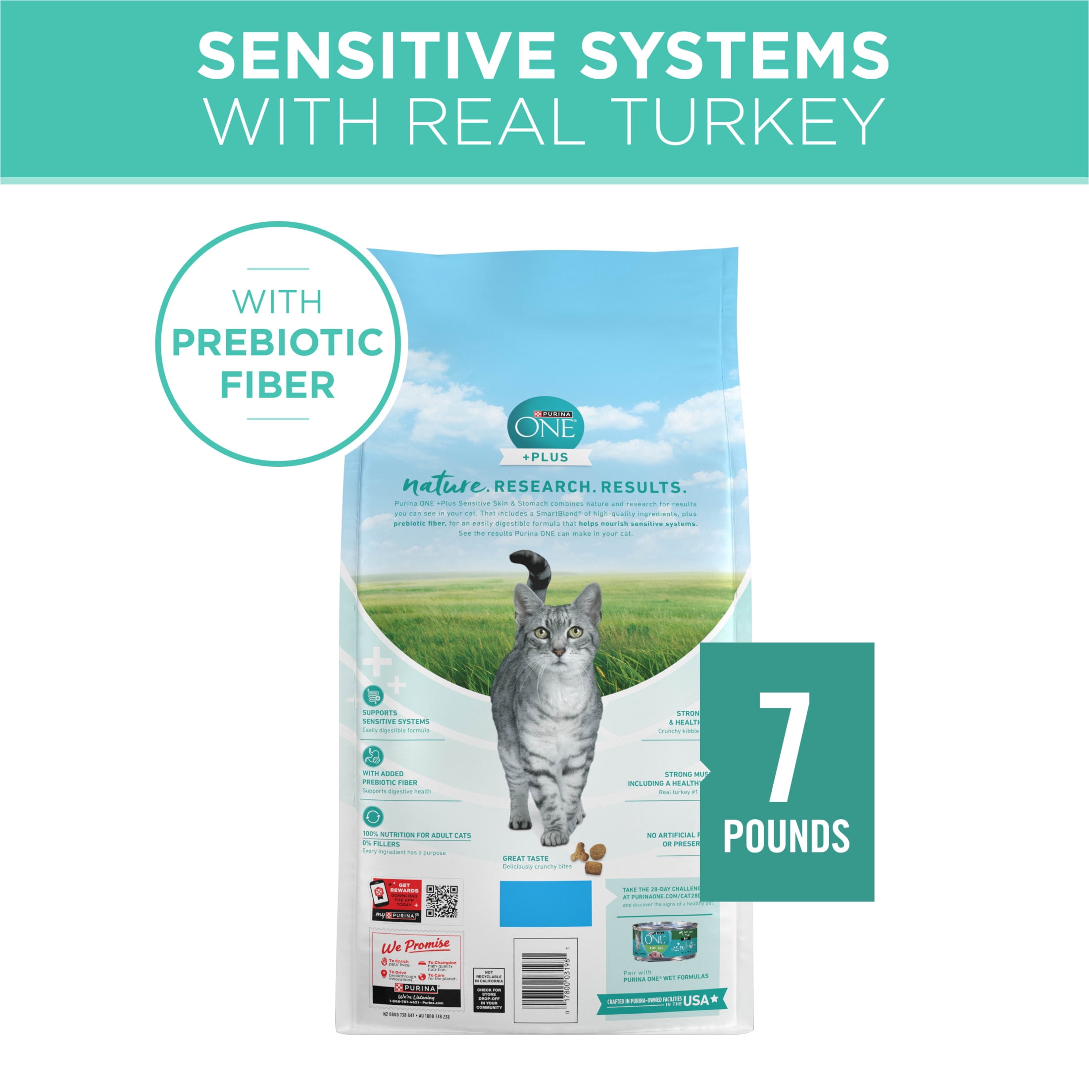 (2 pack) Purina ONE Sensitive Stomach, Sensitive Skin, Natural Dry Cat Food, +Plus Sensitive Skin and Stomach Formula, 7 lb. Bag